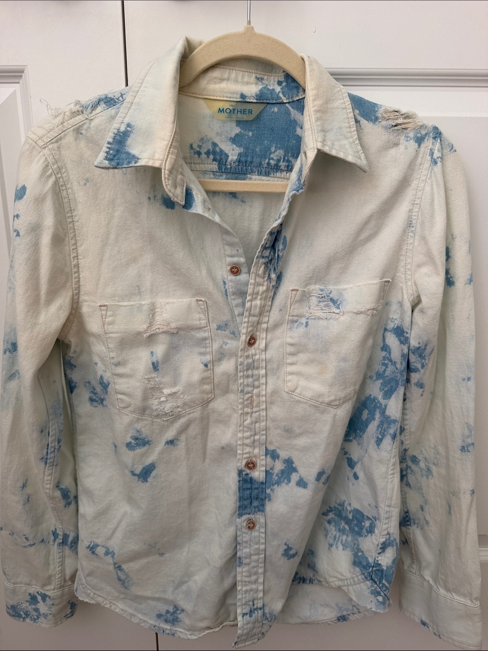MOTHER Cream and Light Blue Tie-Dye Button-Down Shirt